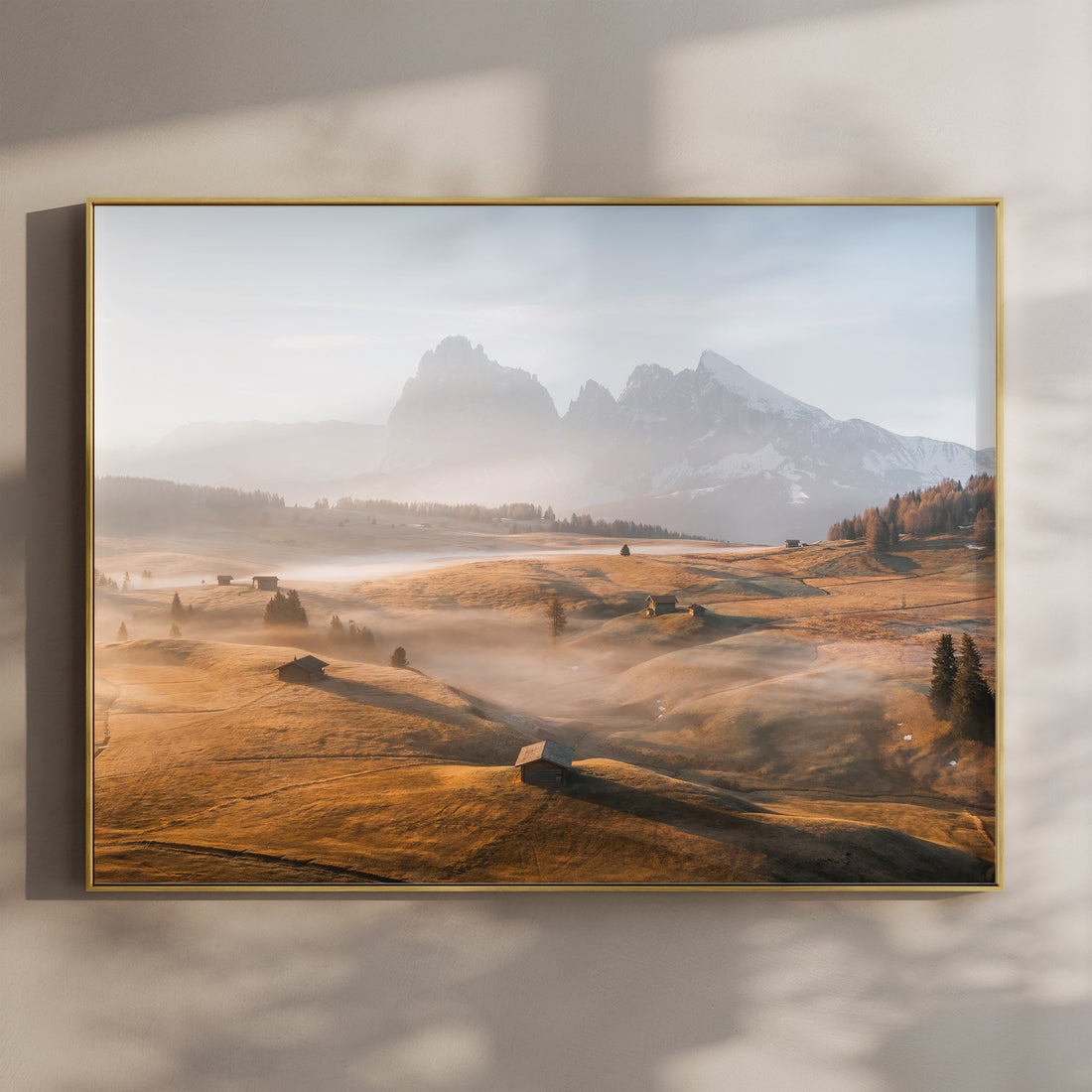 Serene Alpe di Siusi mountain wall art print capturing sunrise over golden hills and Dolomite peaks.