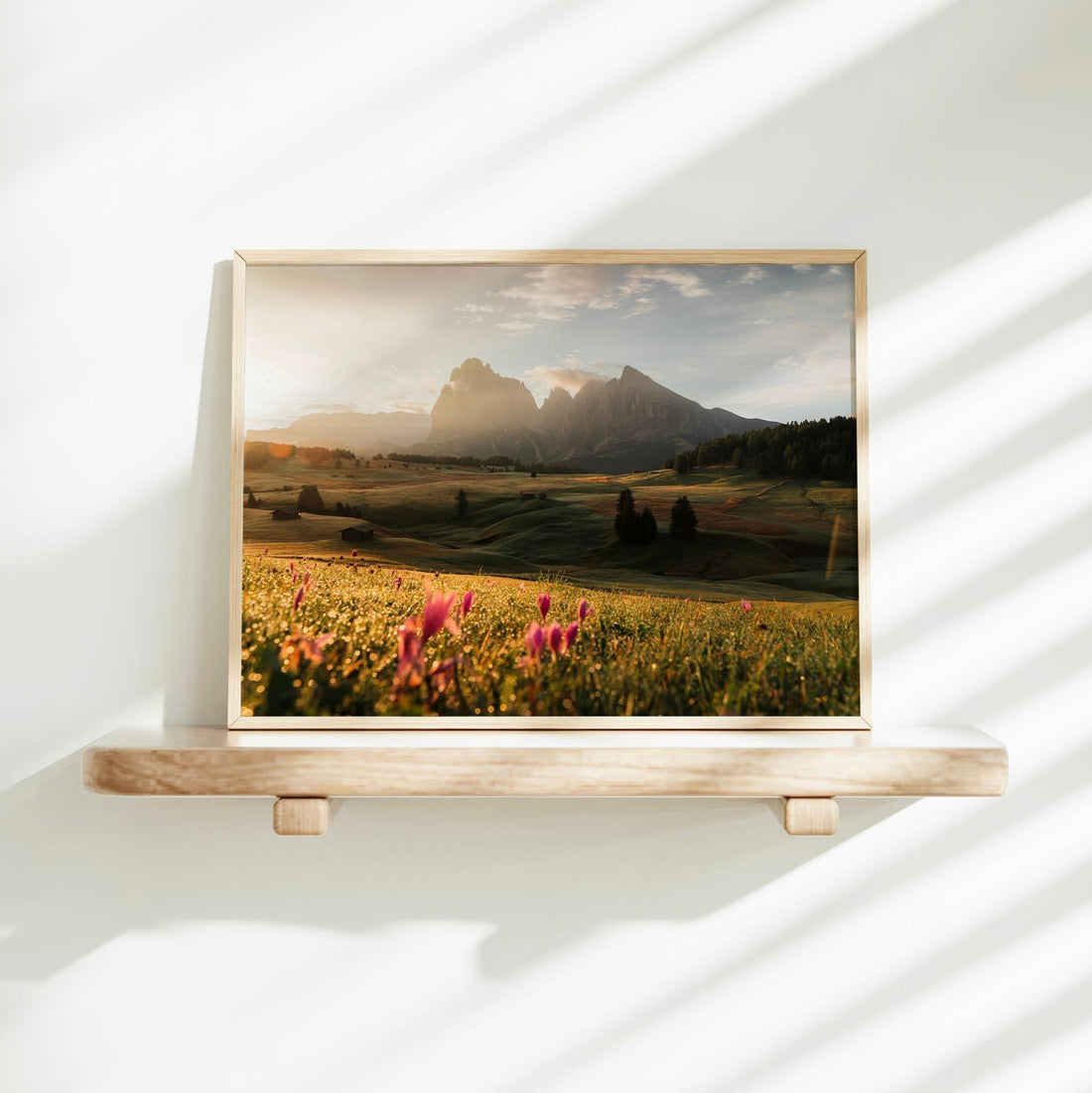 Summer landscape photography print of Alpe di Siusi with golden grasslands and rustic mountain cabins.