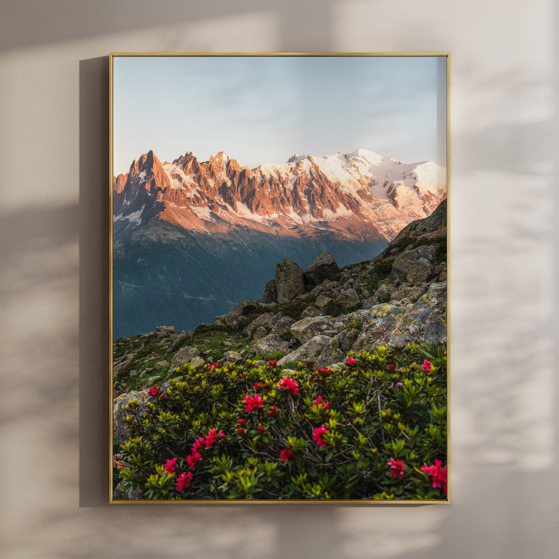 Stunning Chamonix wall art featuring the Aiguilles de Chamonix bathed in alpenglow with vibrant alpine flowers.
