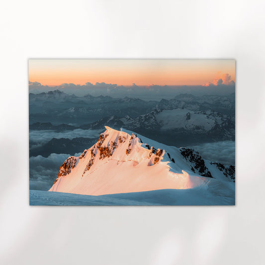 Monte Bianco at golden hour in this framed Alps photography print featuring glowing ridgelines and high peaks.