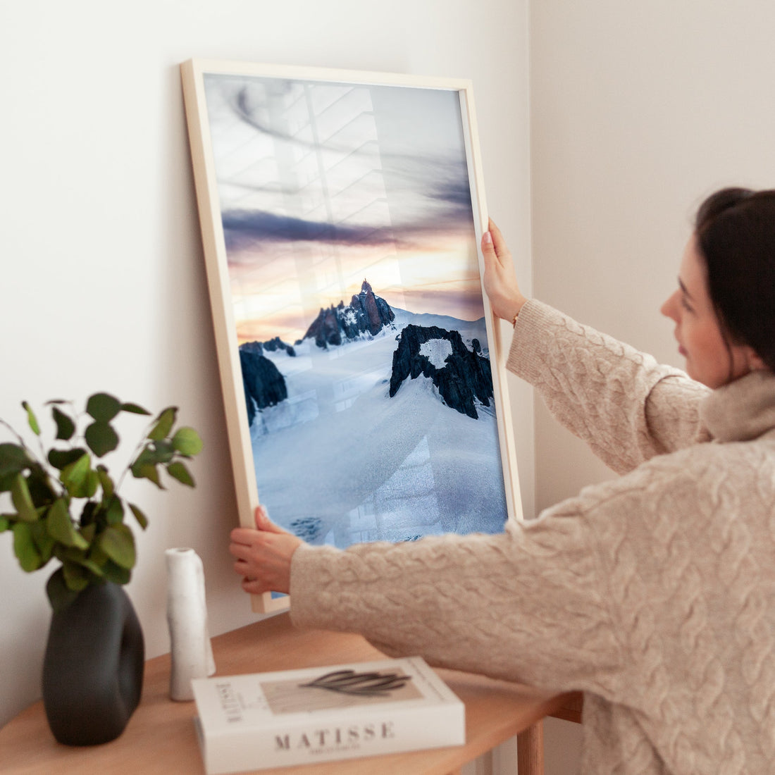 Alpine dusk over Aiguille du Midi, where glowing clouds and icy slopes create a mesmerizing landscape print.