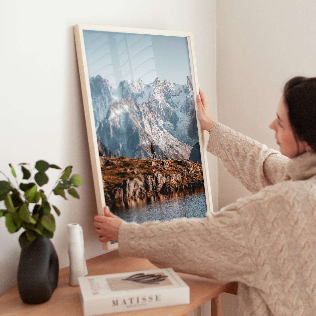 Alpine expedition wall art featuring a solo hiker against the dramatic Mont Blanc Massif.