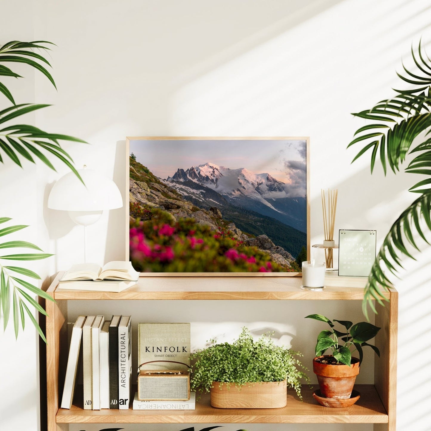 Alpine flowers lead into a scenic view of Mont Blanc at sunset in this fine art photo print.
