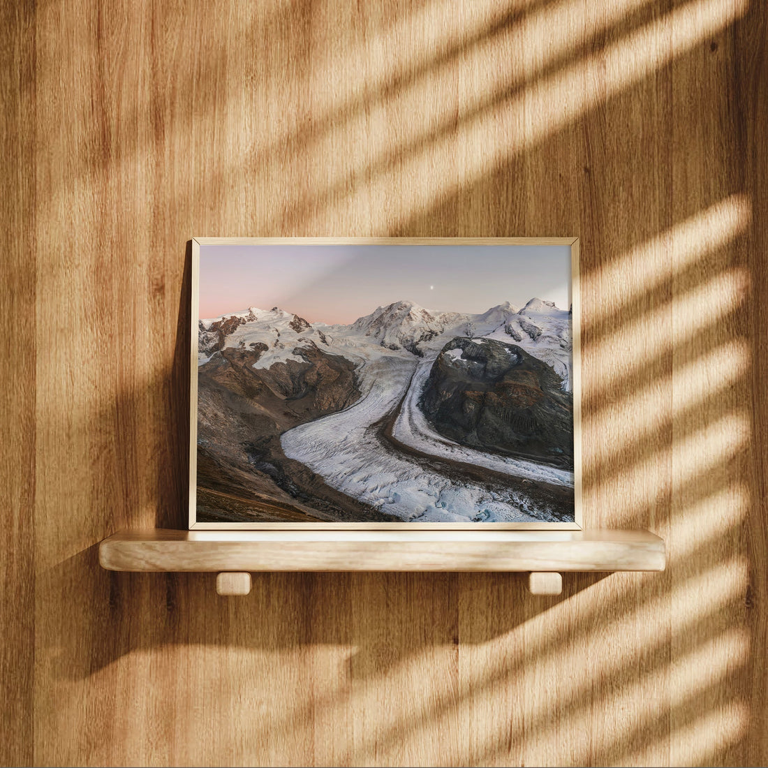 Striking glacier artwork from the Swiss Alps, capturing Gorner Glacier’s winding path beneath snowy peaks.