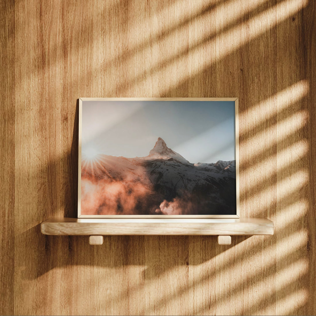 Beautiful Swiss Alps wall art print highlighting the fiery alpine glow on the Matterhorn peak.