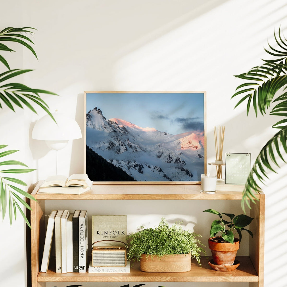 Elegant wall art featuring a panoramic view of Chamonix's alpine ridges under sunset skies.