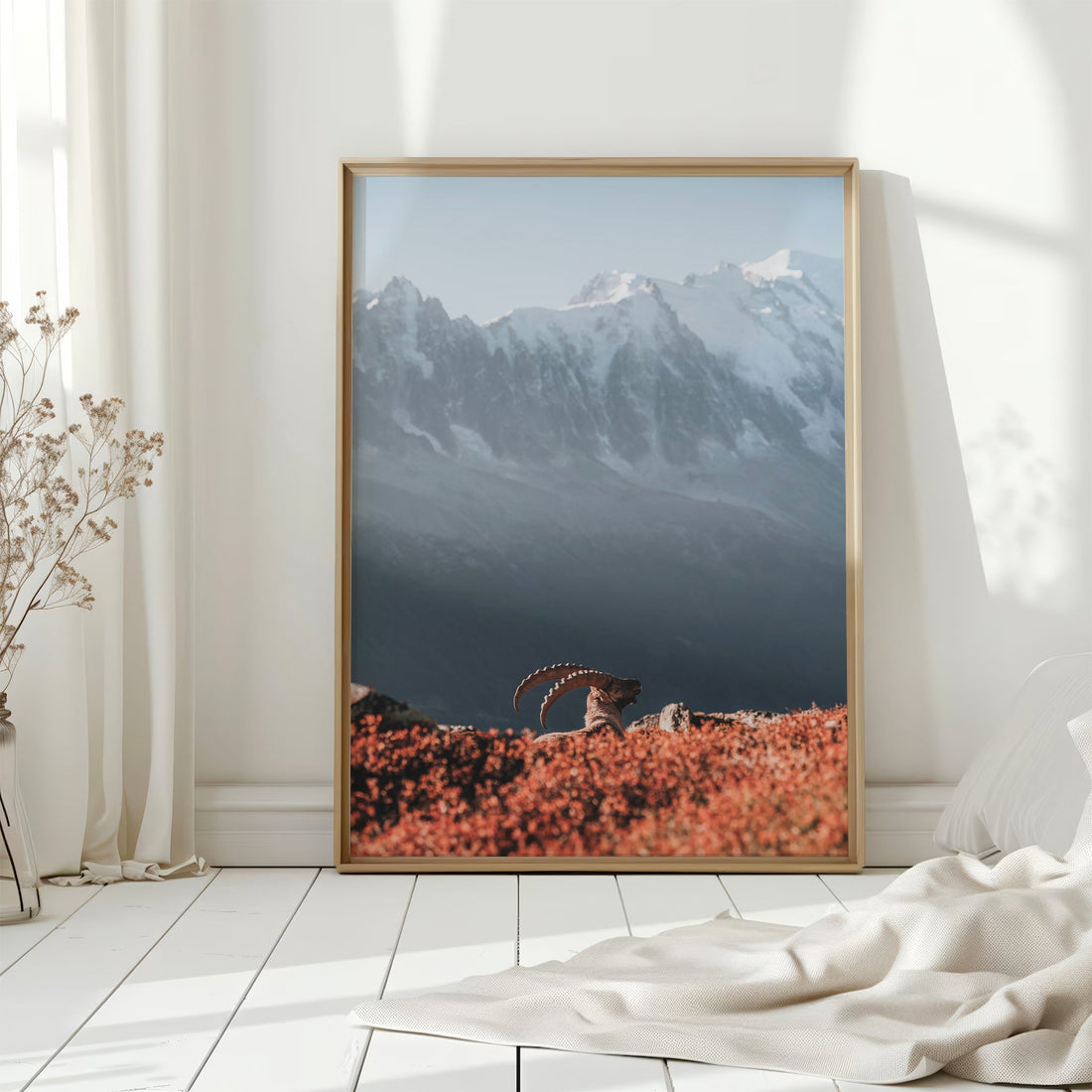 A dramatic fine art print featuring an Alpine ibex with towering glaciers in the background.