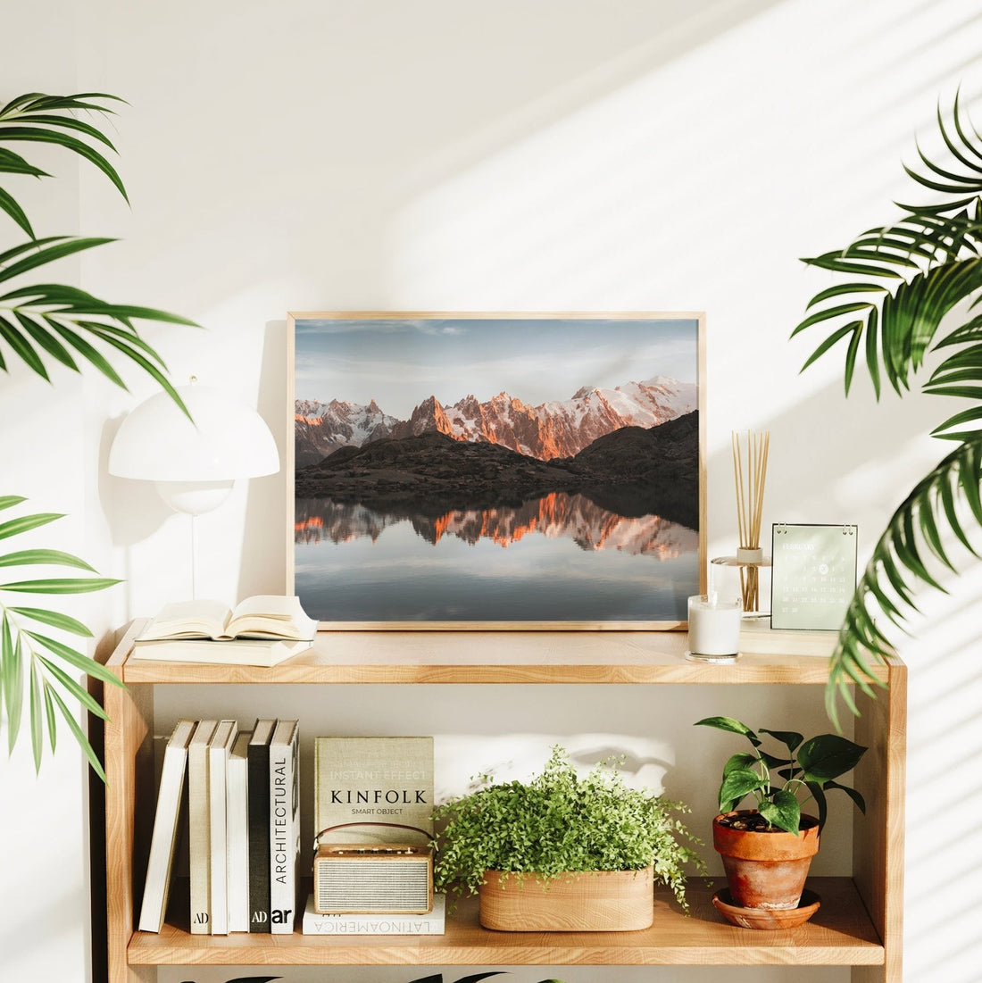 Chamonix wall decor print featuring Lac Blanc’s calm waters and the jagged peaks of the Aiguilles Rouges.