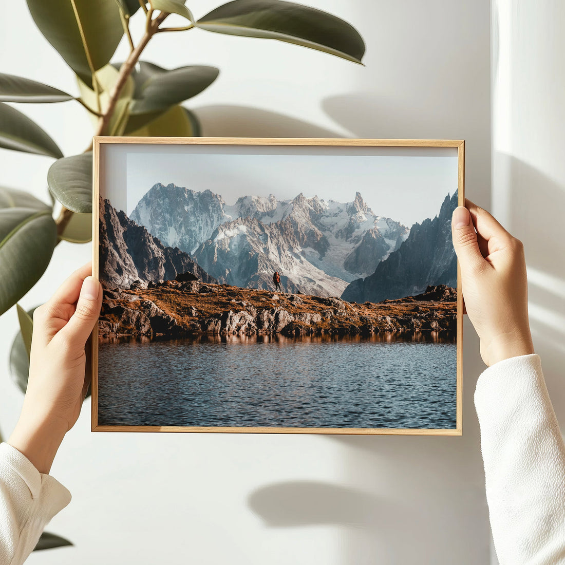 Tranquil alpine lake landscape print with autumn tones and dramatic backdrop of the French Alps.