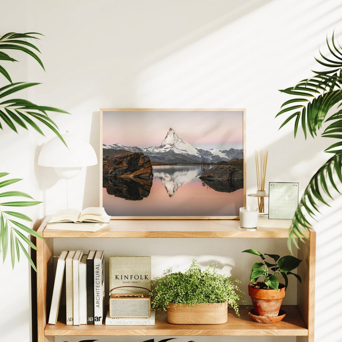 Scenic Stellisee wall print showing the iconic Matterhorn mirrored in still lake waters at dawn.