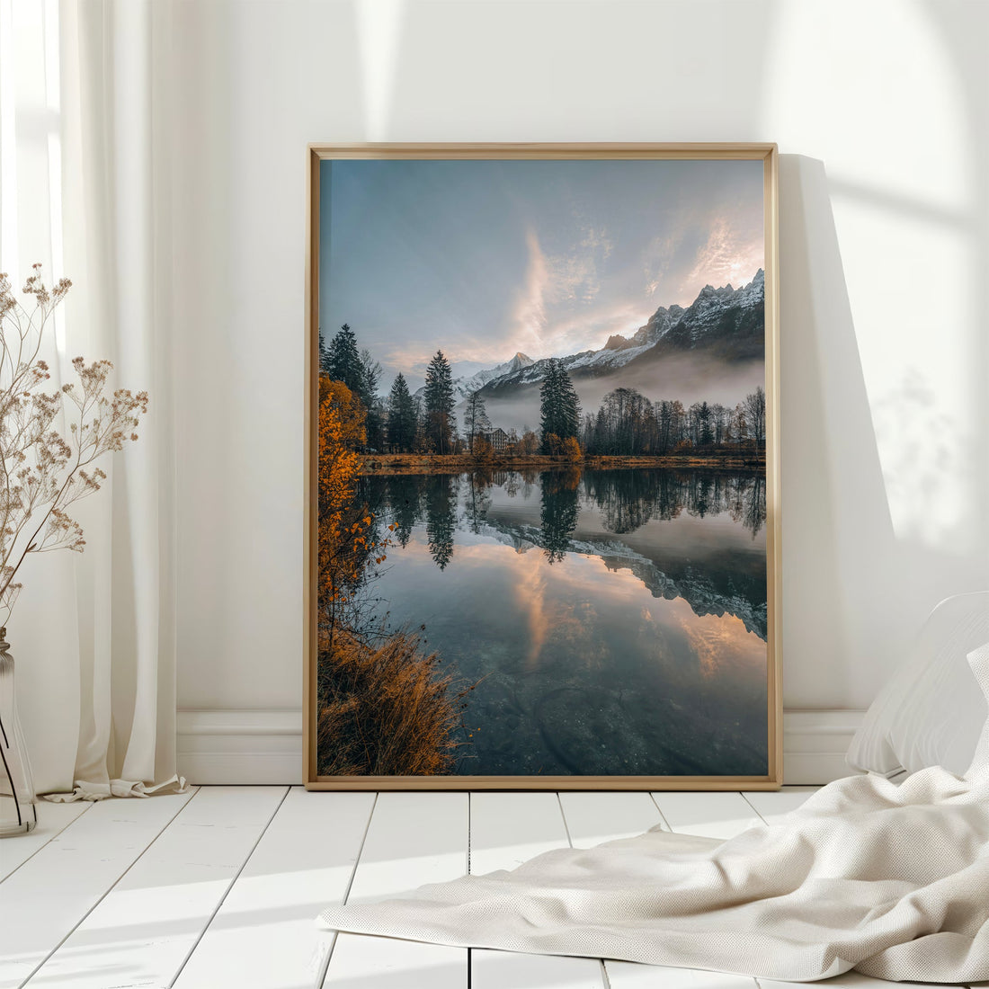 Fine art photography print of an alpine lake at sunset, showcasing Chamonix's breathtaking mountain scenery.