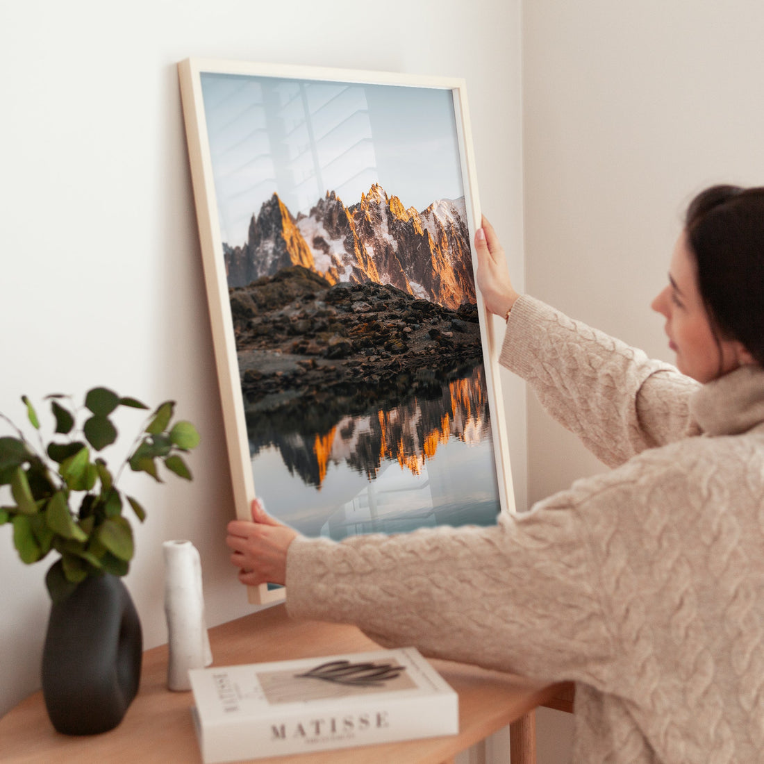 Fiery sunset over Mont Blanc, mirrored in the pristine Lac Blanc. A breathtaking nature photography wall decor piece.