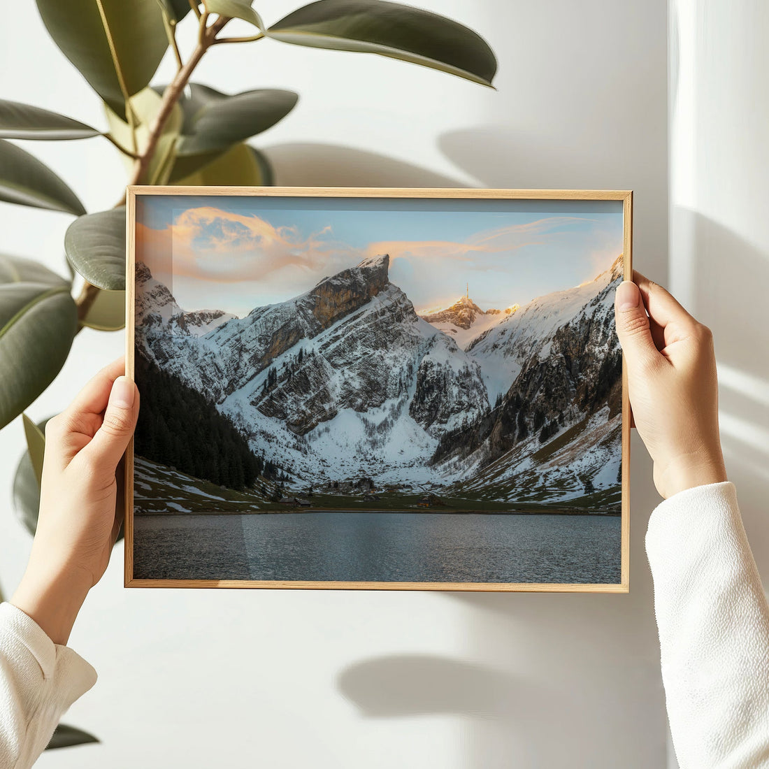 Serene alpine lake print of Seealpsee during winter dusk, showcasing tranquil reflections and snowy ridges.