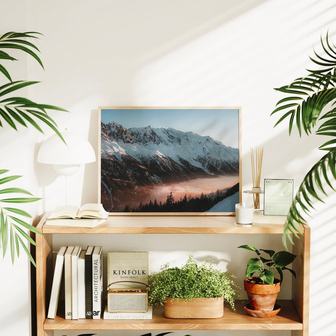 Minimalist Alps wall decor featuring a vivid dusk view over Chamonix and the Mont Blanc range.
