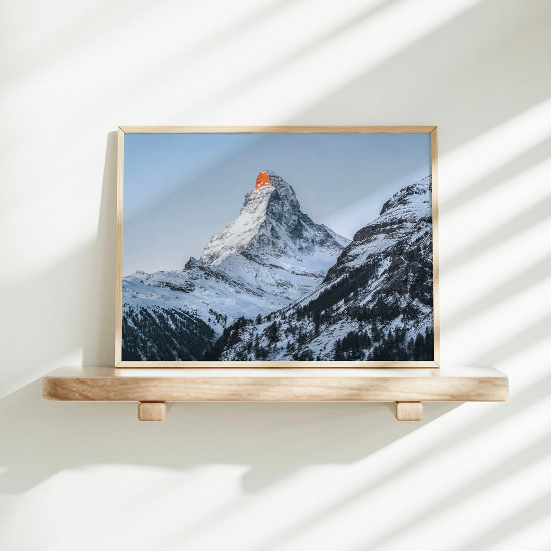 Alpine mountain wall art with framed Matterhorn print, bringing Swiss serenity to your living space.
