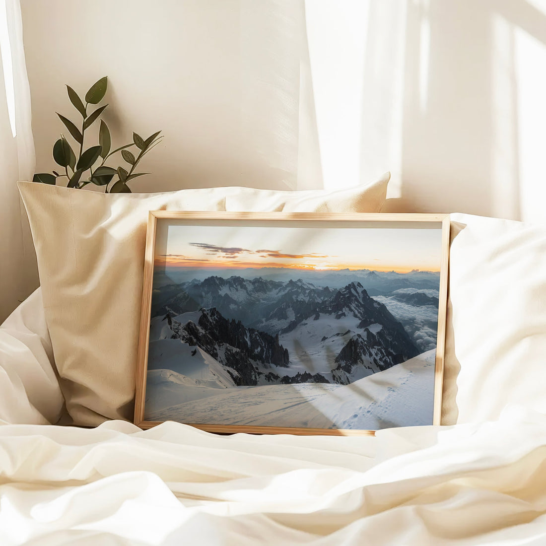 Scenic wall art print of the Mont Blanc Massif with dramatic morning light over alpine ridges.