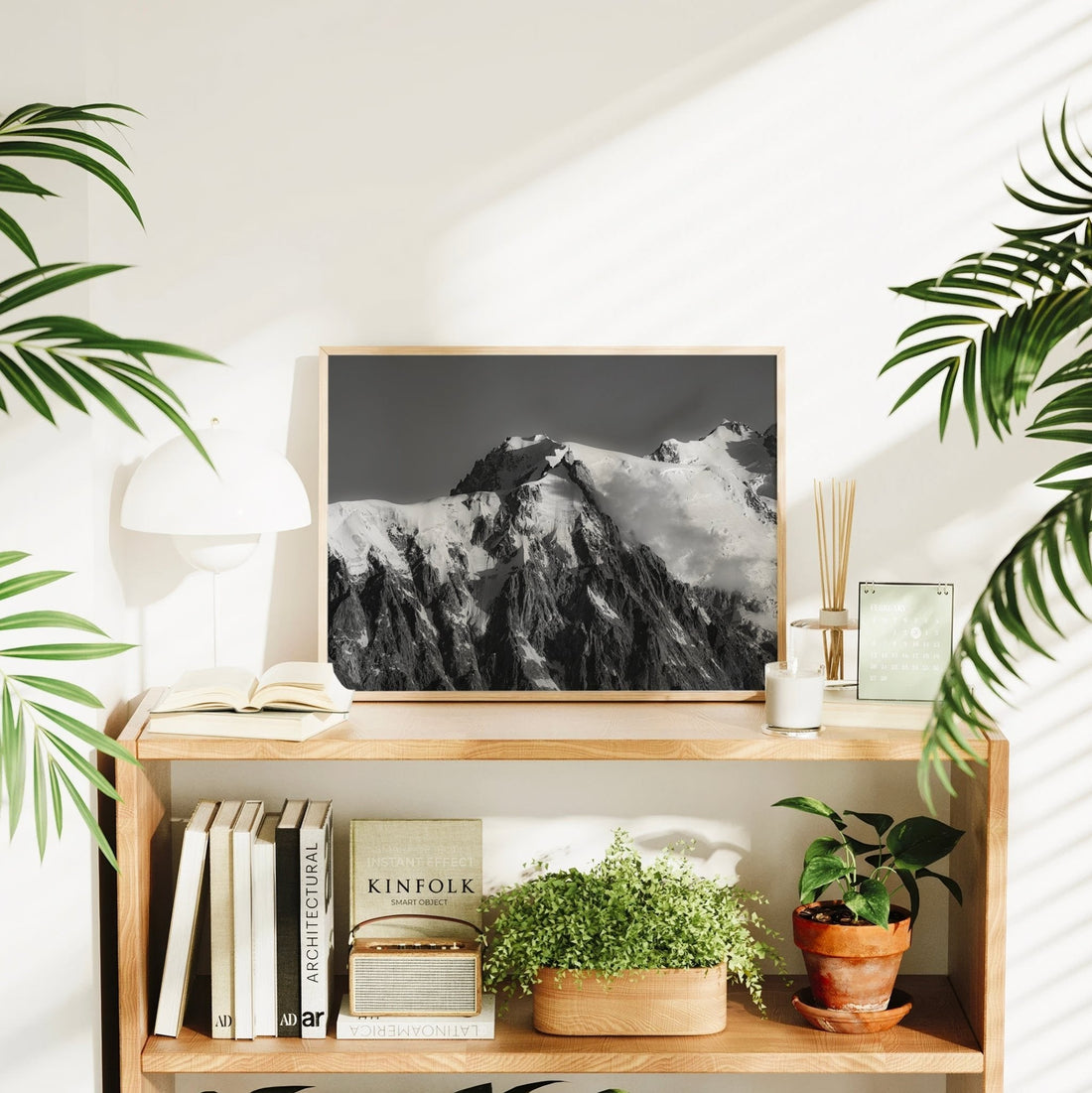 Minimalist alpine landscape print showing the imposing profile of Aiguille du Midi in the Mont Blanc range.