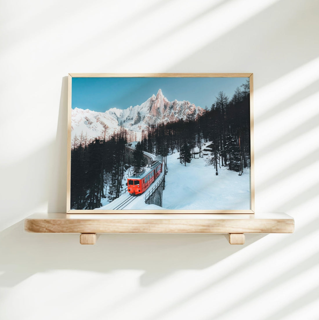 Alpine railway landscape art print featuring a picturesque mountain train ride through the snowy peaks.