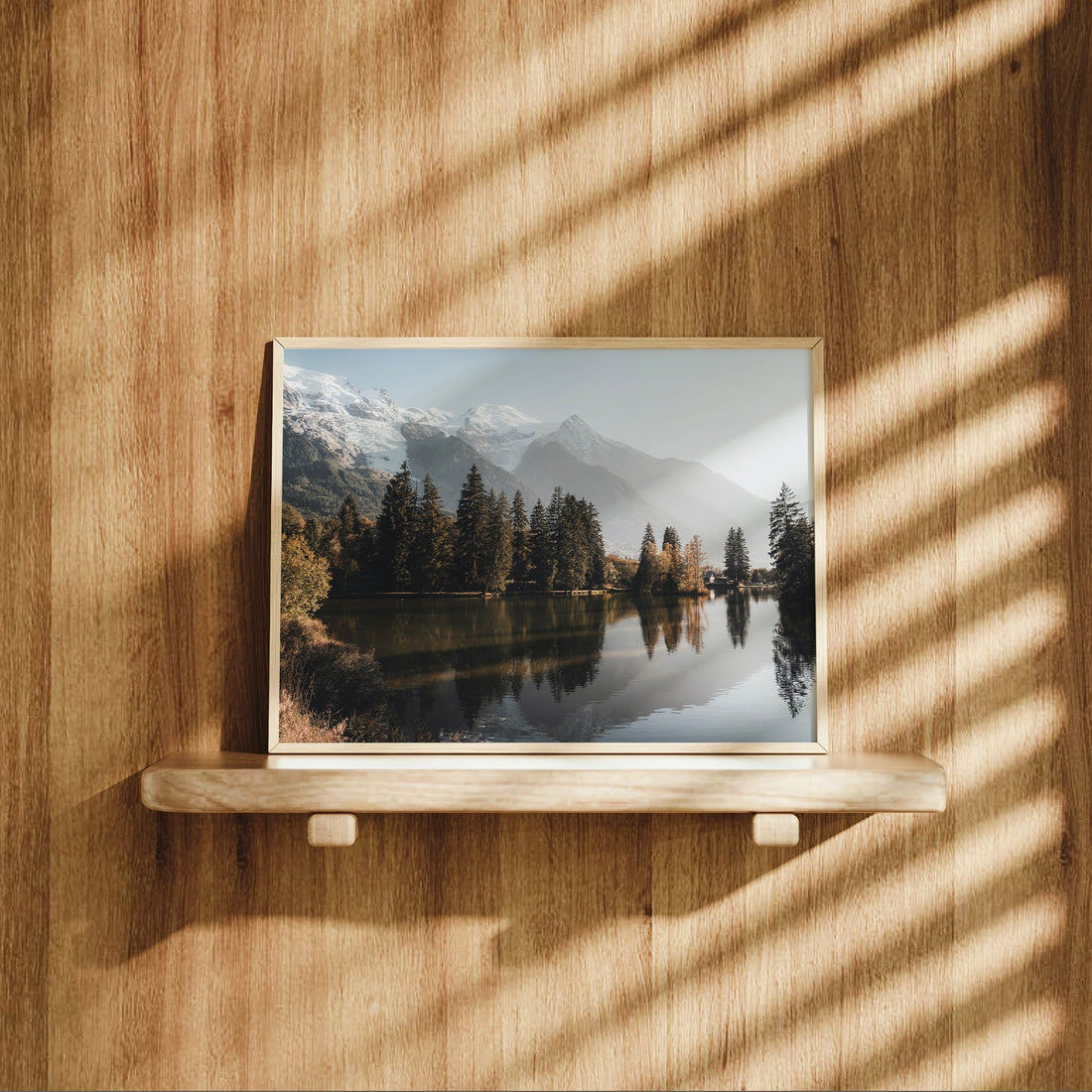 Peaceful reflection print of Lac des Gaillands and Mont Blanc, perfect for calming mountain home décor.