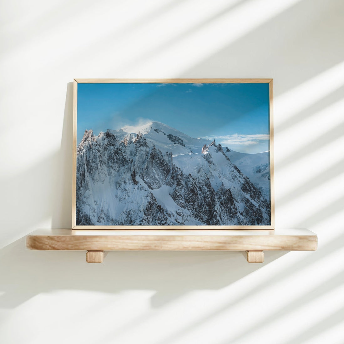 Chamonix wall art print highlighting the icy ridges of Mont Blanc and surrounding peaks.