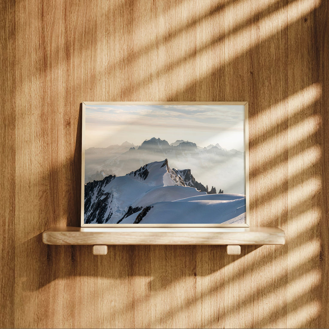 Striking Mont Blanc photo print showing Mont Maudit’s rugged alpine ridge at sunrise in soft light.