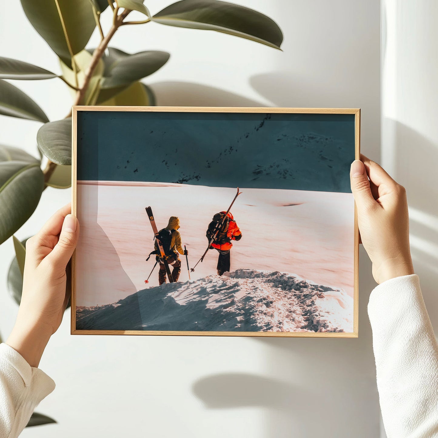 Dramatic Alps landscape print showing ski mountaineers roped together on the Midi Arête above Chamonix.