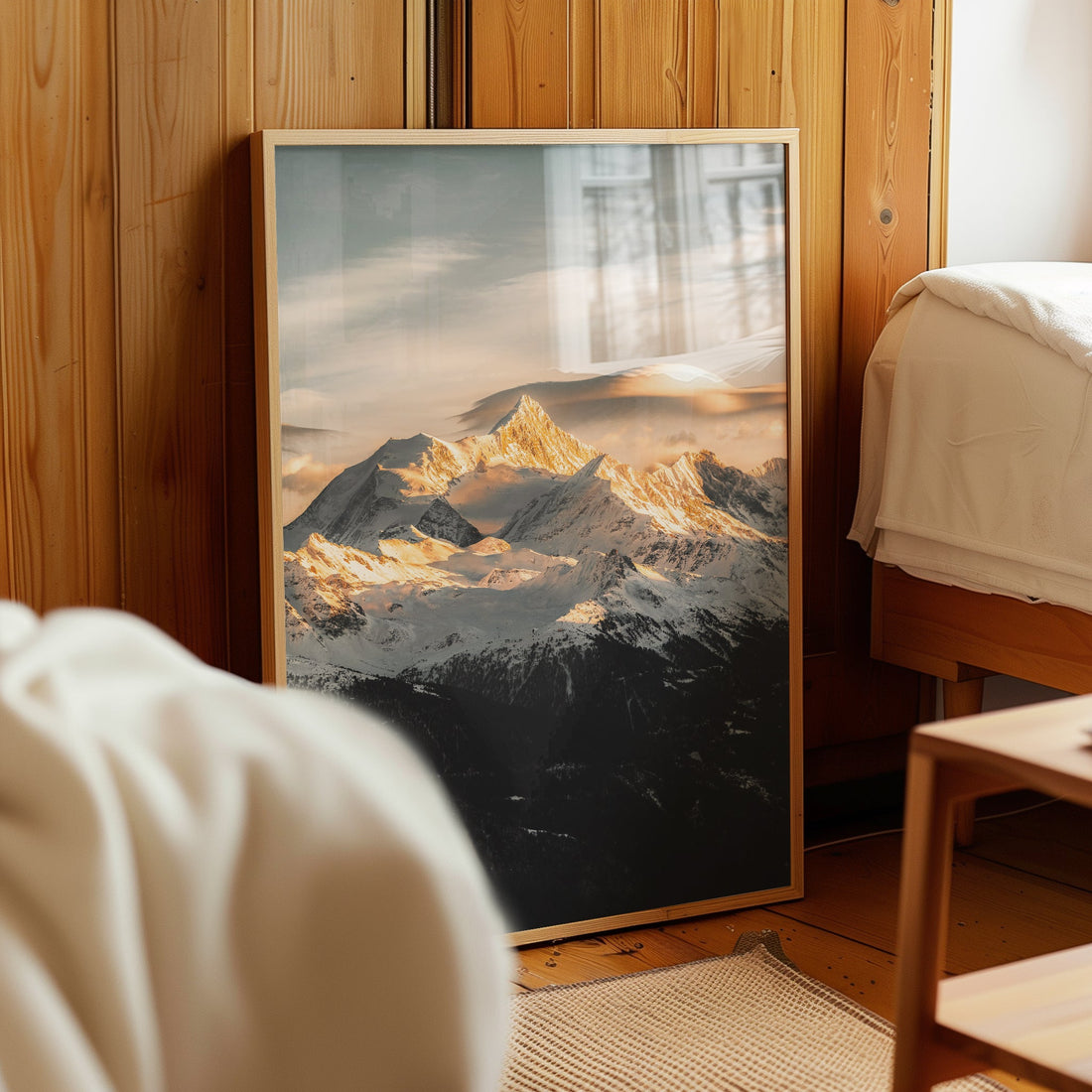 Snow-capped Weisshorn peak in golden sunlight, a perfect alpine photography print.