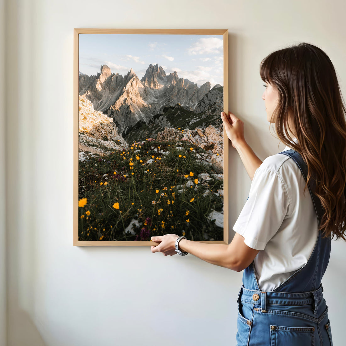 Alpine sunset print of Cadini di Misurina with warm golden light over rugged mountain peaks.