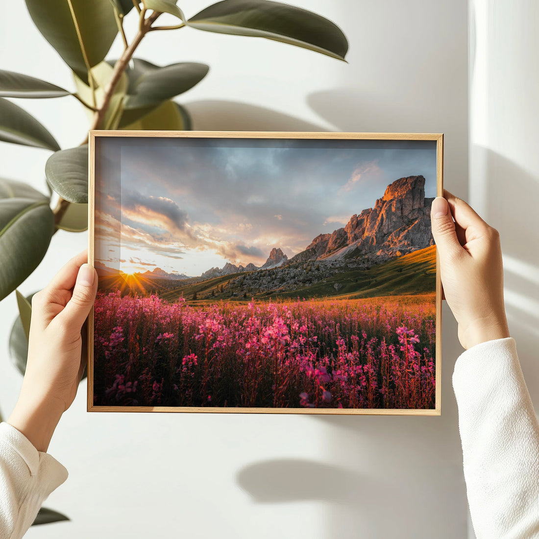 Fine art print of a Dolomites alpine sunset with golden light washing over wildflower meadows and rocky peaks.