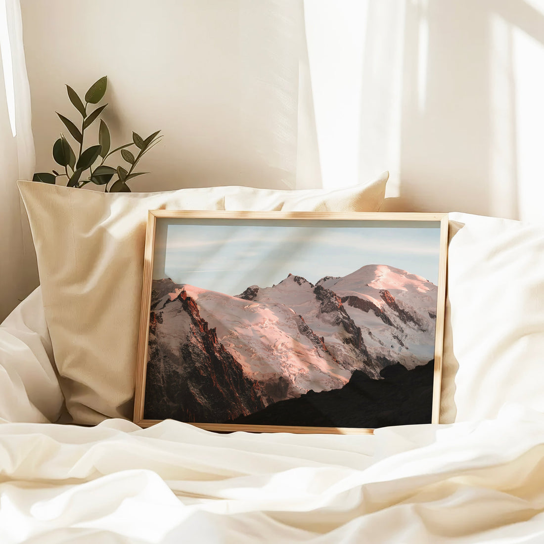 Breathtaking fine art print of a glowing Mont Blanc glacier scene during an alpine sunset in France.