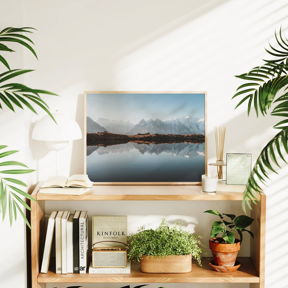 Fine art alpine print of golden sunset light on Mont Blanc, reflected in the still waters of Lacs des Chéserys.