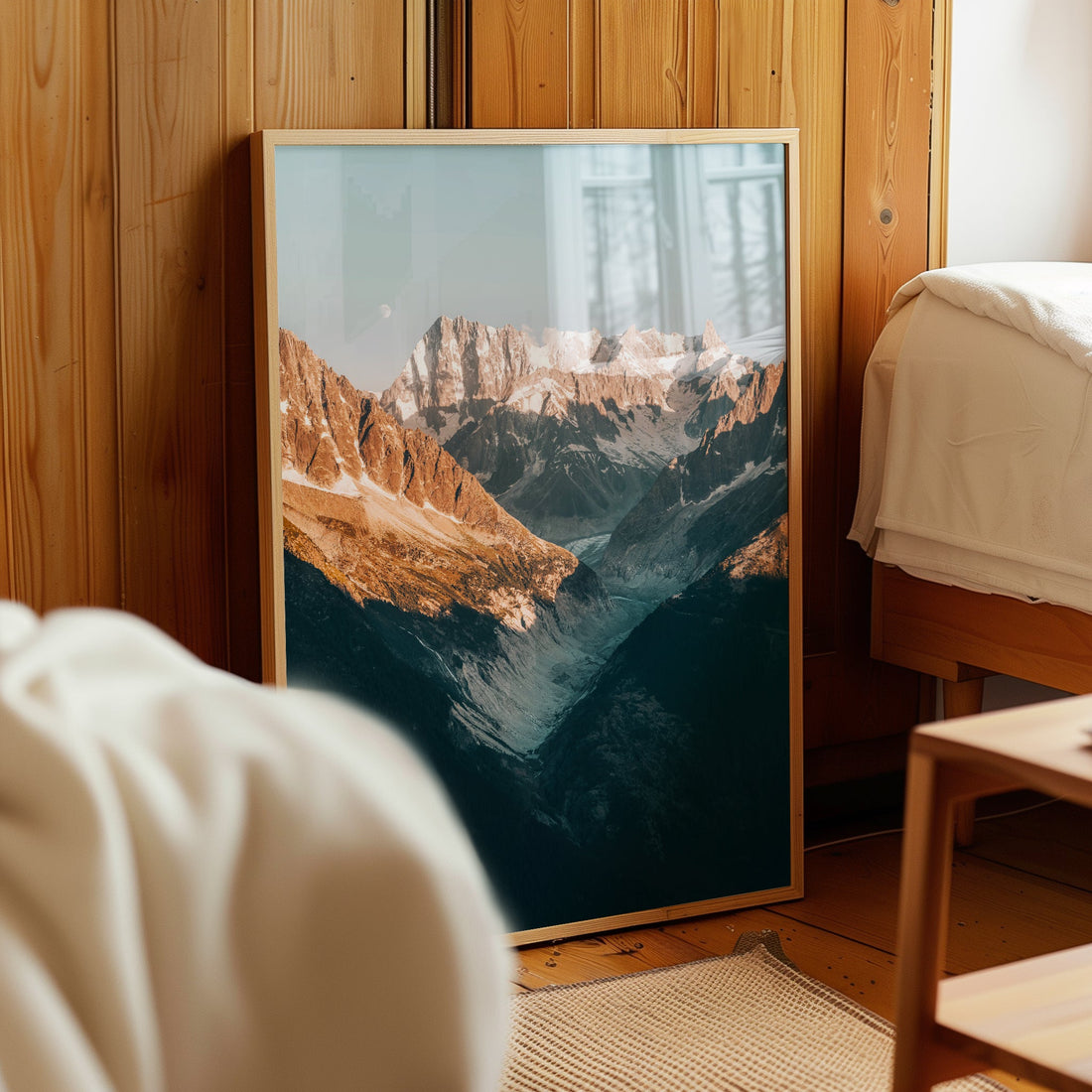 Captivating Alpine sunset wall art from Chamonix, capturing golden light on the rugged mountain peaks and glacier.