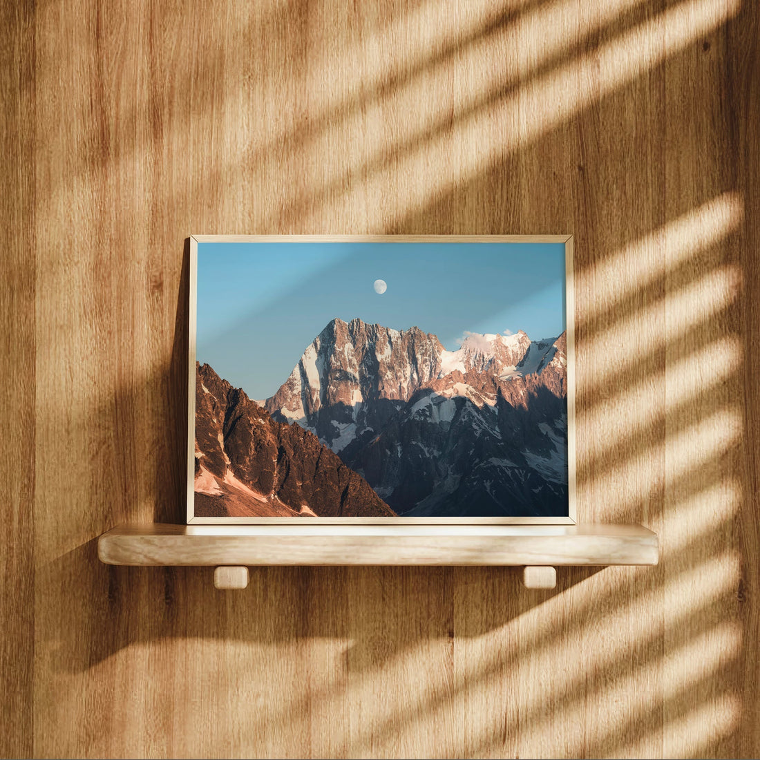 Sunset photography wall decor of the Grandes Jorasses with soft pastel lighting in the French Alps.