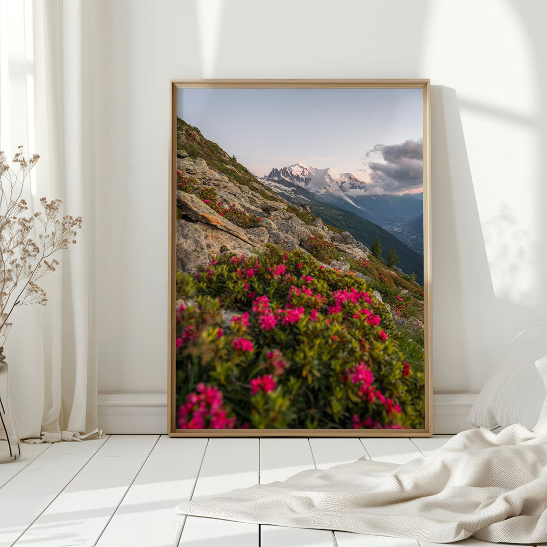 Gorgeous alpine wildflower meadow with a view of Mont Blanc, perfect for nature and landscape art lovers.