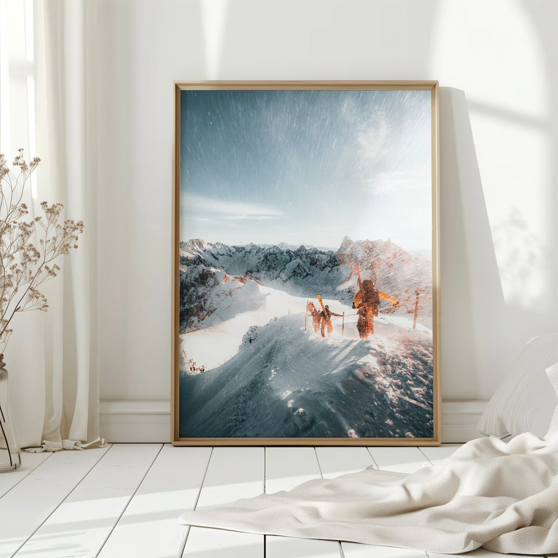 Backcountry skiing photography print of skiers navigating the Alpine ridge at Midi Arete.