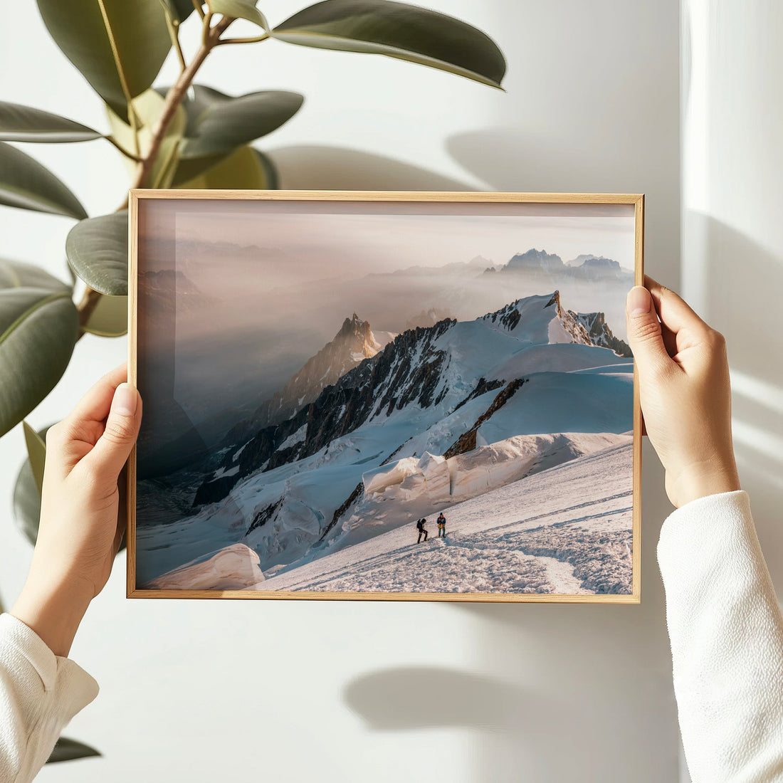 A captivating Alps expedition print with golden hour light on climbers near Mont Blanc's summit ridge.