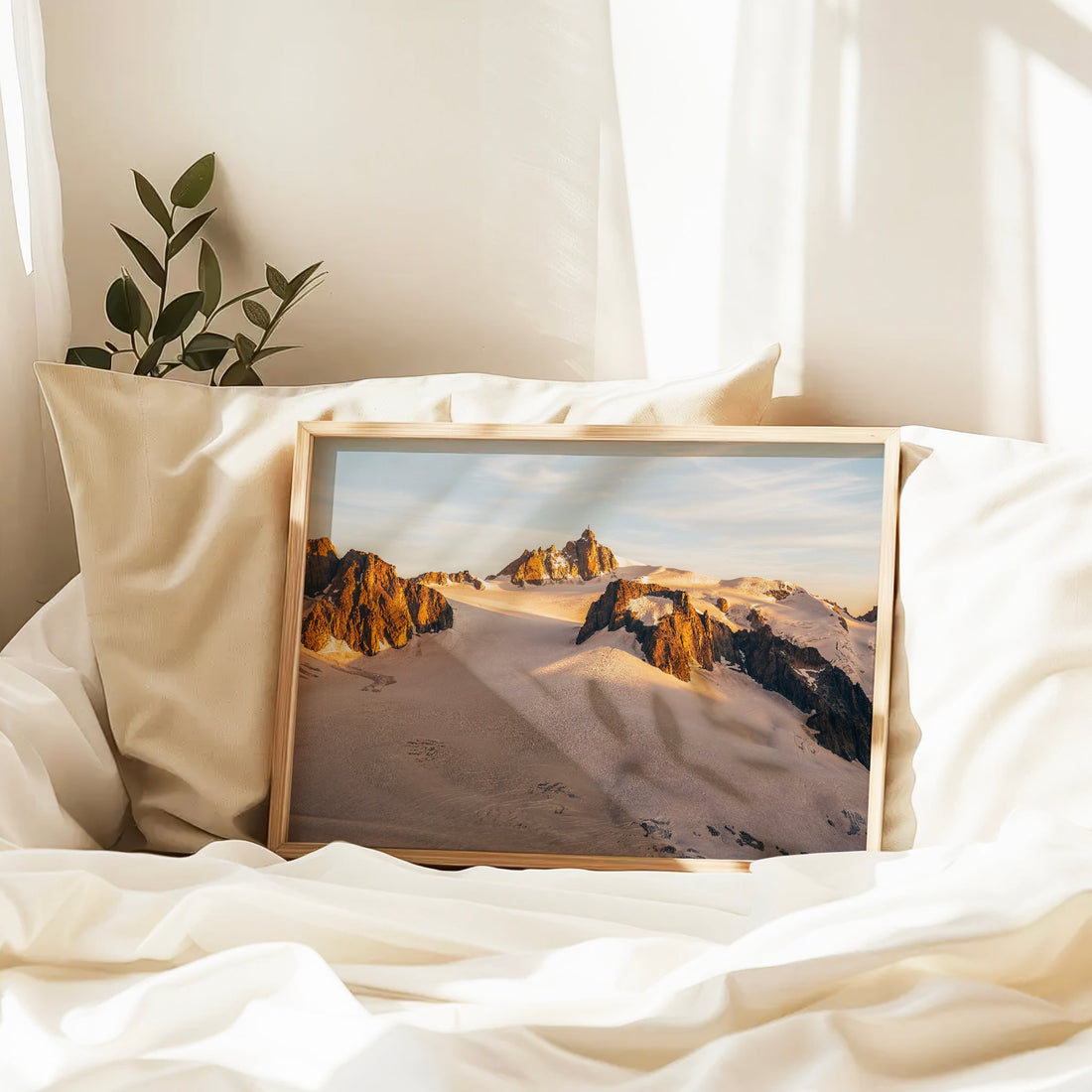Scenic Alps glacier print with sunset-lit mountains and soft snow textures near Aiguille du Midi.