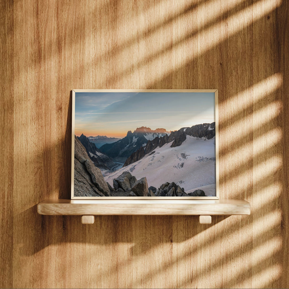Glacier wall art print featuring a peaceful view of Mer de Glace in the French Alps during golden hour.