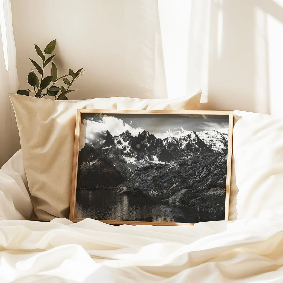 Serene lake view wall art print of Lac Blanc, highlighting the alpine terrain and snowy peaks near Chamonix.