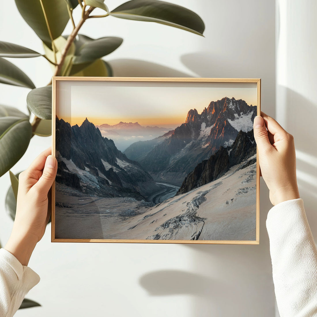 Serene Alps landscape print showing glacier crevasses and mountain ridgelines at dawn in the French Alps.