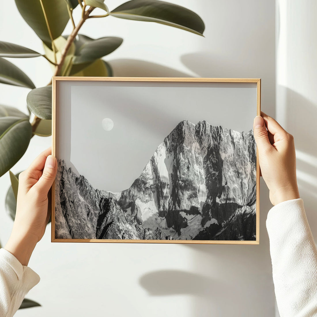 Fine art black and white landscape photo print capturing the dramatic face of Grandes Jorasses at dusk.