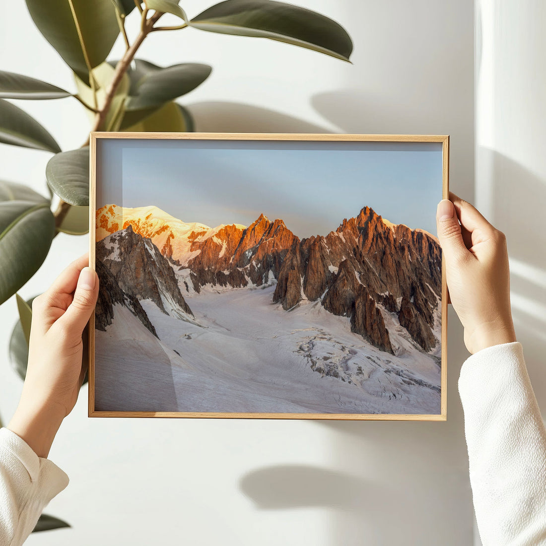 Snowy alpine wall art featuring Mont Blanc du Tacul and Mont Maudit at dawn in the Chamonix valley.