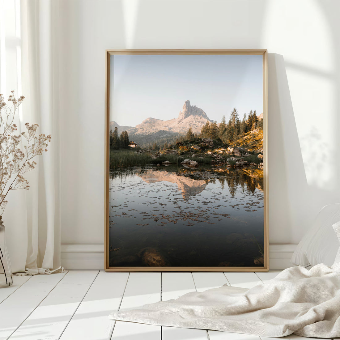 Mountain lake art print from the Dolomites, featuring alpine reflections and soft golden-hour tones.