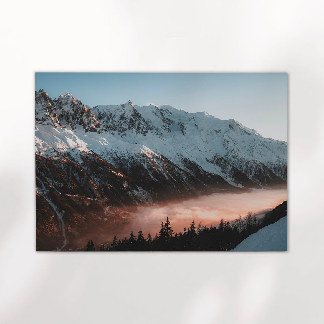 Sunset over the French Alps in this landscape print featuring the dramatic ridgeline of Mont Blanc.