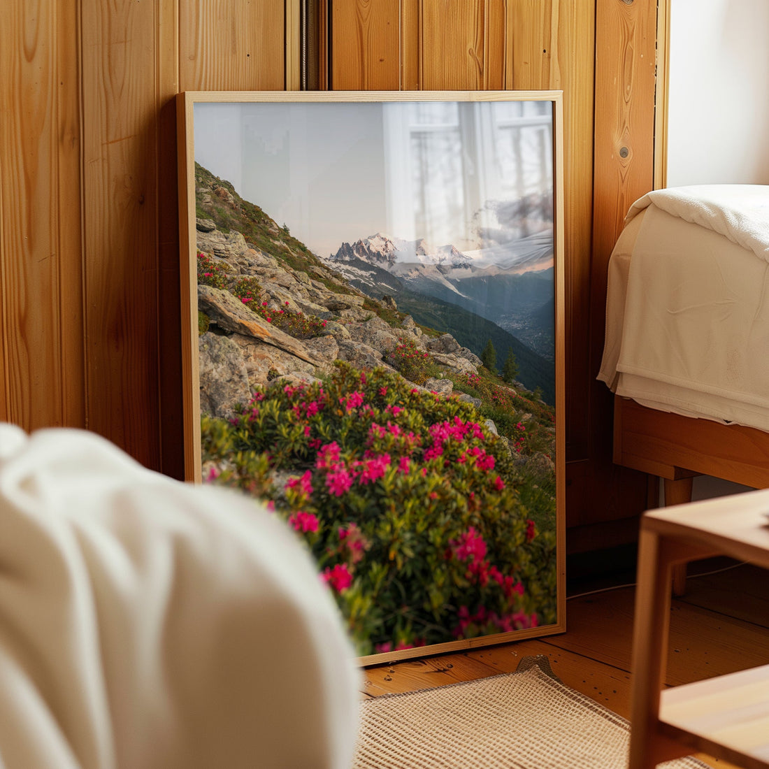 Golden hour sunset over Mont Blanc and the Chamonix valley, captured in this breathtaking fine art wall print.