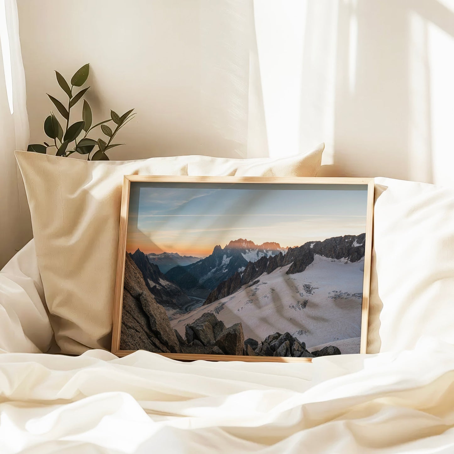 Sunset glacier poster showcasing the expansive Mer de Glace and jagged mountain skyline in Chamonix.