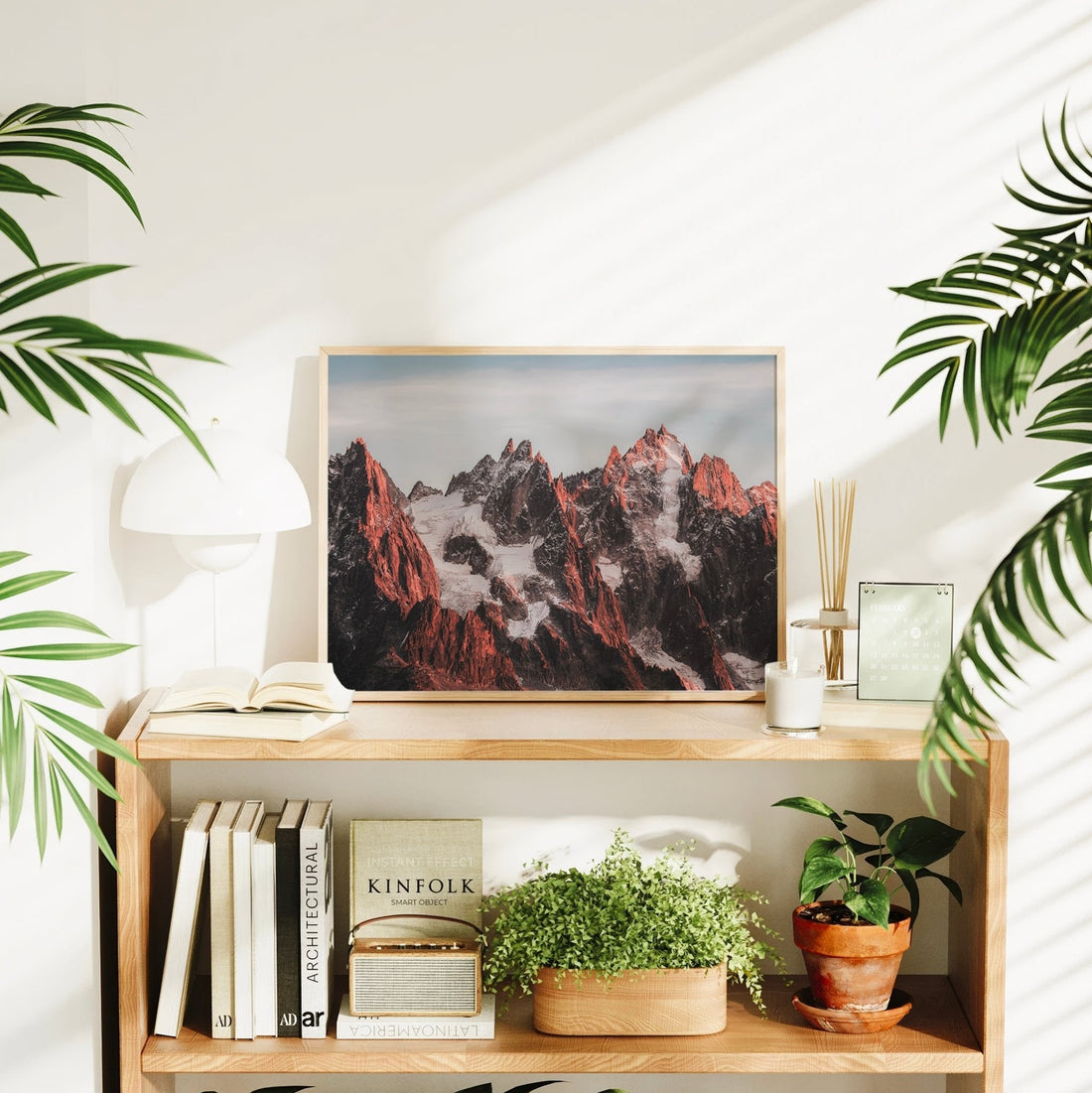 Sunset photography print of the Mont Blanc Alps, with glowing rock spires and snowy ridges.