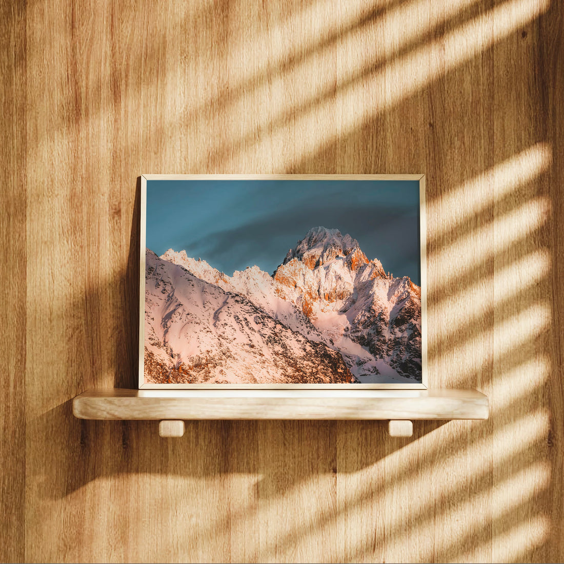 Modern Alps wall decor print showing Aiguille du Chardonnet bathed in golden light at sunset.