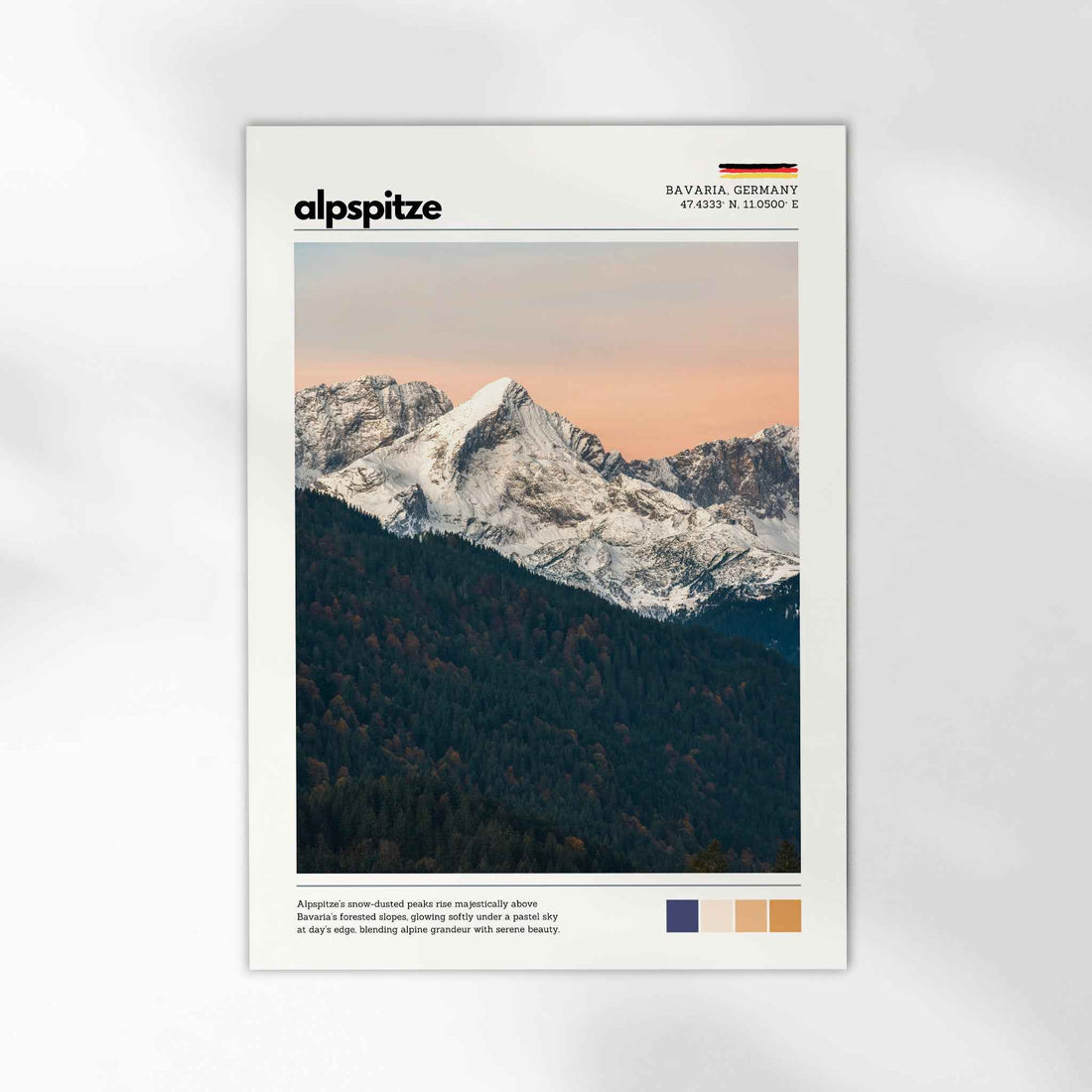 Unframed Alpspitze Bavaria Germany fine art print on white background showing snow-dusted peaks above forested slopes at golden hour
