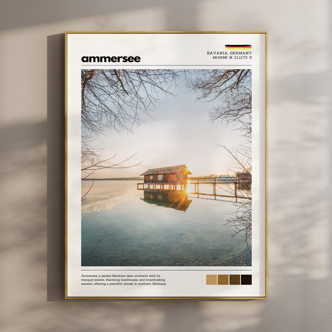 Ammersee Bavaria Germany boathouse sunset photography print in gold float frame mounted on warm beige wall with window light shadows